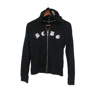 BCBGMaxAzaria black full zip bling rhinestone spell out hooded sweatshirt medium